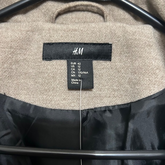 H&M Women's Pea Coat Jacket 12 Taupe Beige Casual Double Breast Button High Neck - Picture 6 of 14